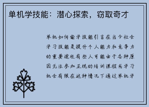 单机学技能：潜心探索，窃取奇才